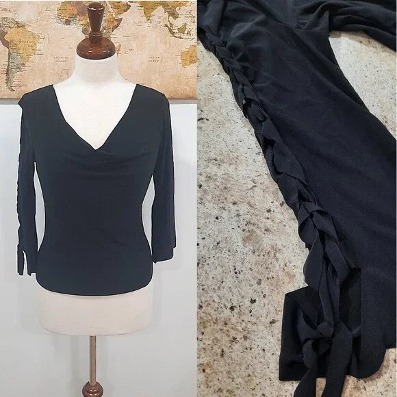 Vtg Y2K black stretch cowl neck top w/ braided arm - Kiwi brand - Picture 1 of 11